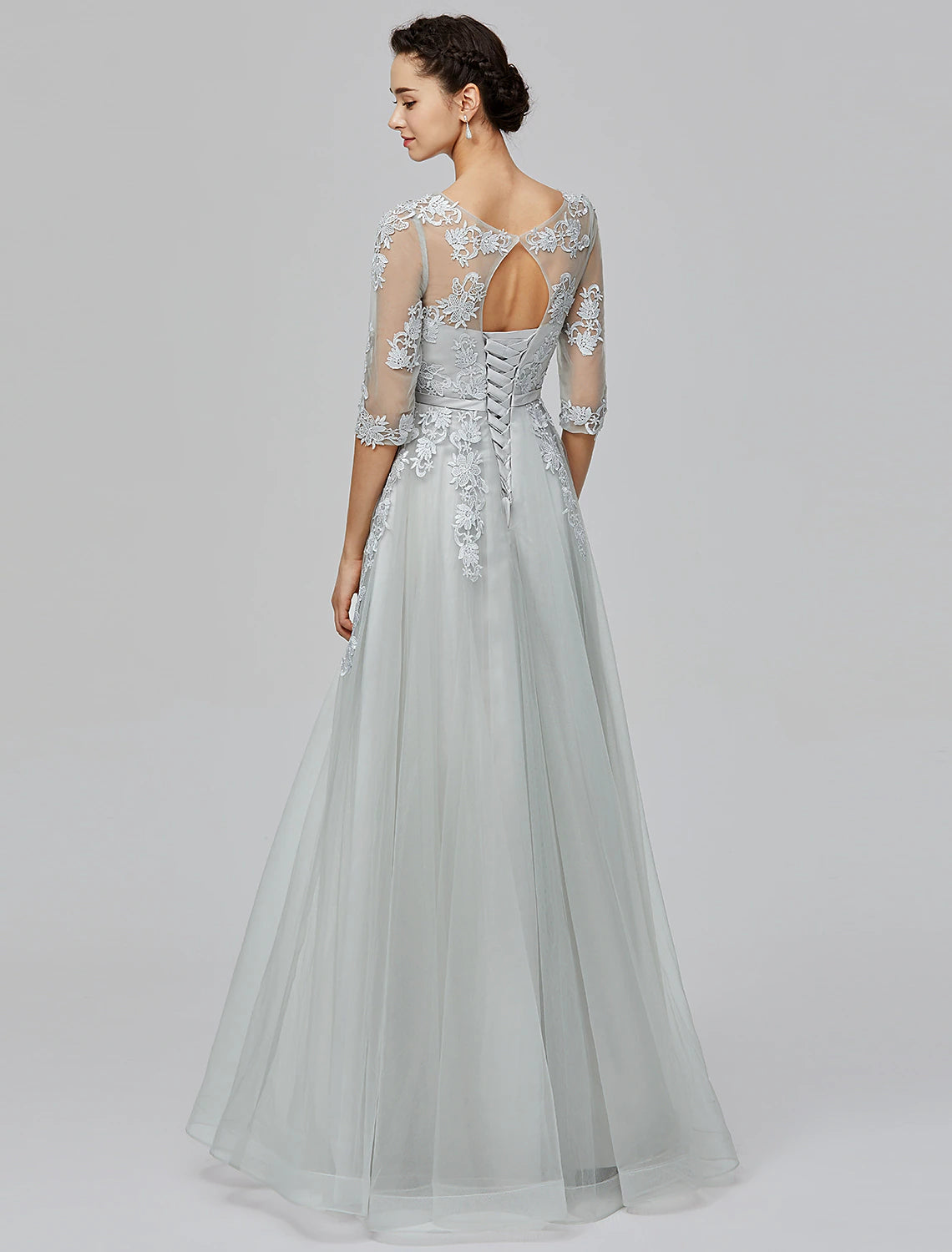 A-Line Empire Dress Wedding Guest Prom Floor Length Half Sleeve Illusion Neck Tulle with Bow(s) Appliques
