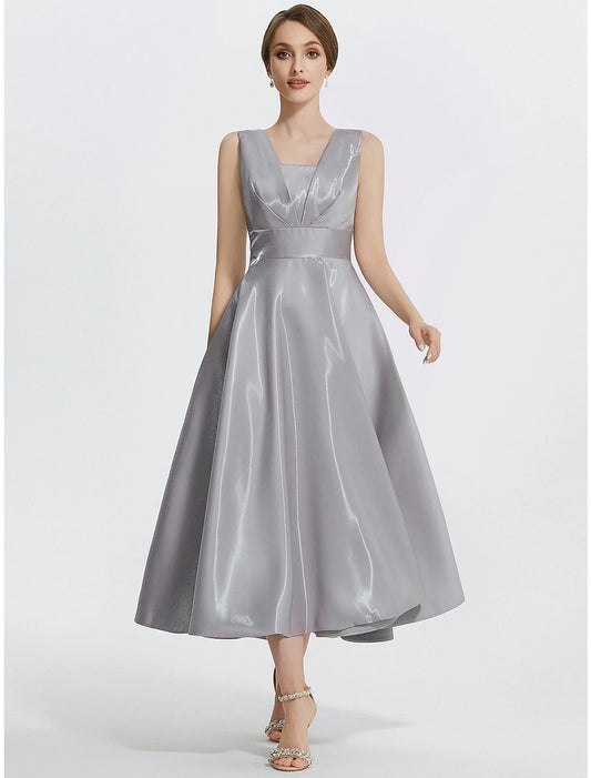 A-Line Cocktail Dresses Elegant Dress Formal Wedding Guest Tea Length Sleeveless V Neck Satin with Pocket