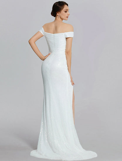 Mermaid / Trumpet Evening Gown Sparkle Dress Wedding Black Tie Floor Length Short Sleeve Off Shoulder Sequined with Slit