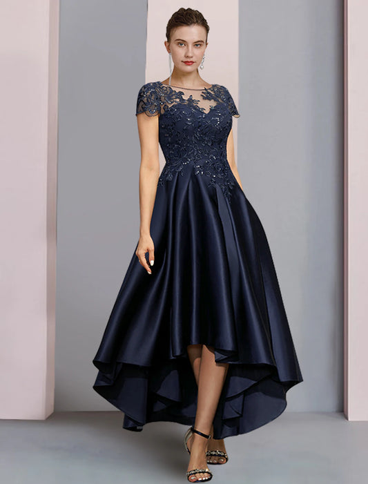 A-Line Mother of the Bride Dress Formal Wedding Guest Elegant Party High Low Scoop Neck Asymmetrical Tea Length Satin Lace Half Sleeve with Sequin Appliques