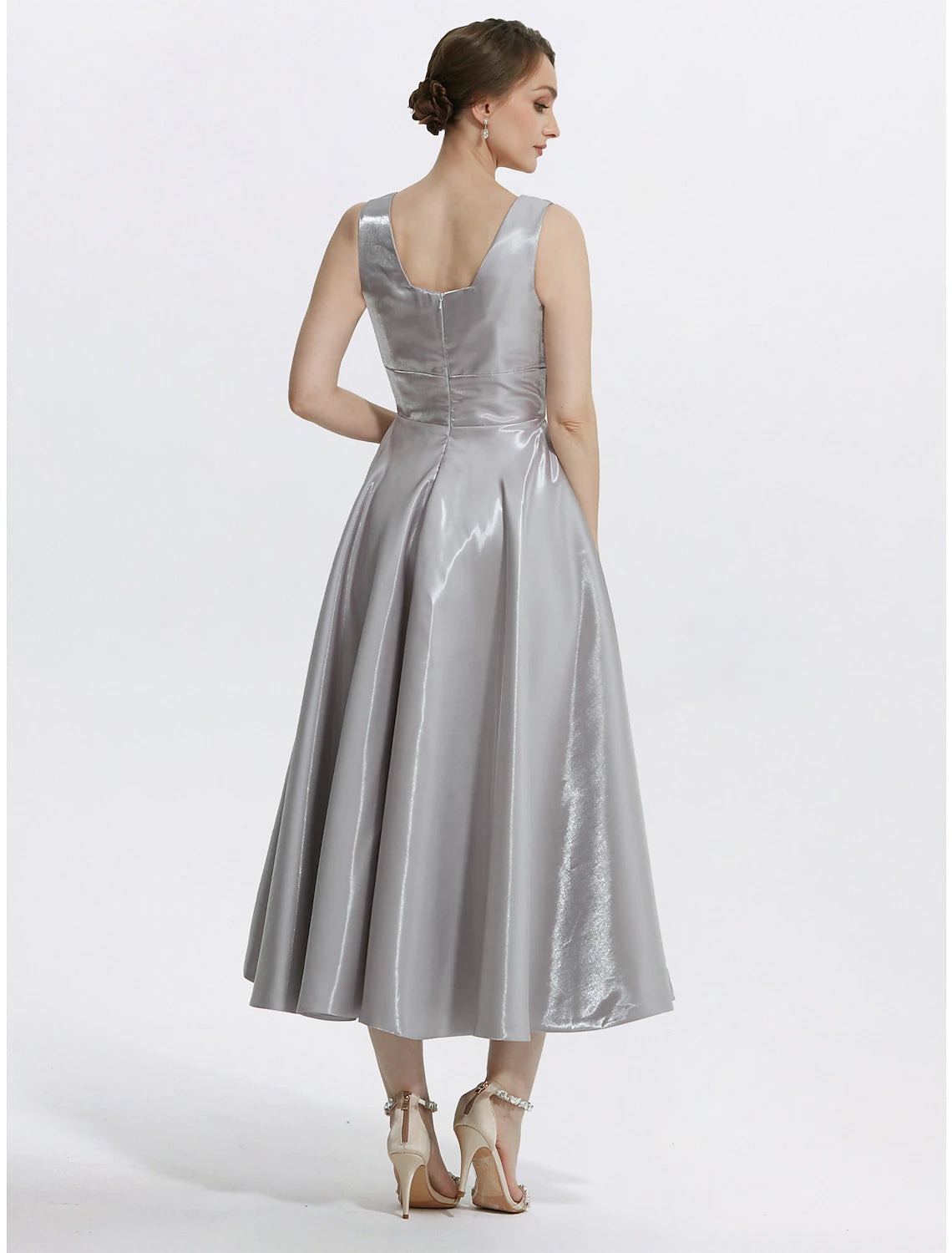 A-Line Cocktail Dresses Elegant Dress Formal Wedding Guest Tea Length Sleeveless V Neck Satin with Pocket