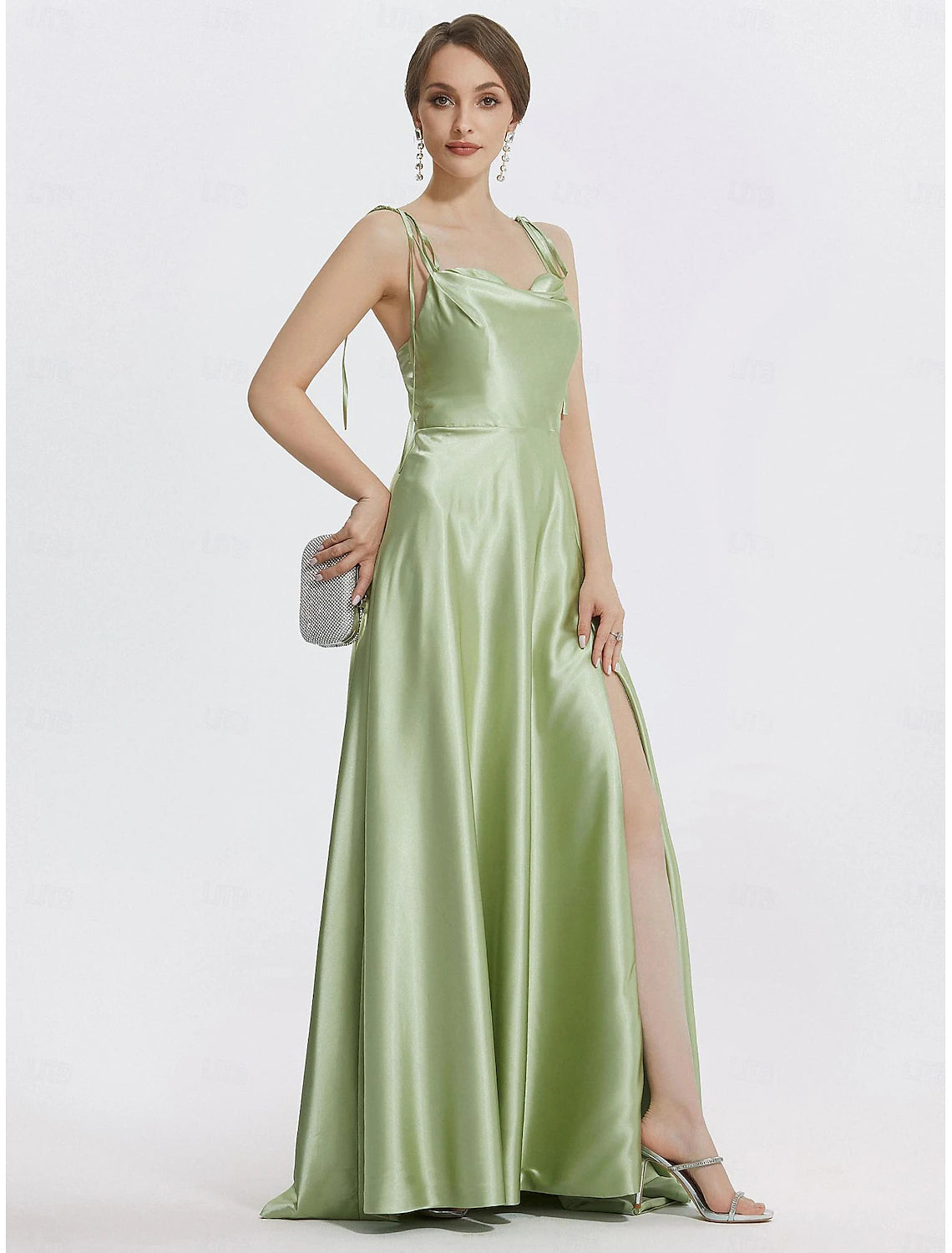 A-Line Evening Gown Elegant Dress Formal Prom Floor Length Sleeveless Spaghetti Strap Satin with Ruched Slit Strappy