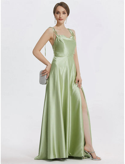A-Line Evening Gown Elegant Dress Formal Prom Floor Length Sleeveless Spaghetti Strap Satin with Ruched Slit Strappy