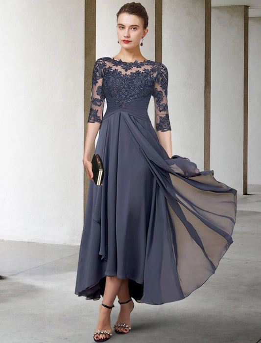 A-Line Mother of the Bride Dress Wedding Guest Elegant Plus Size High Low Jewel Neck Asymmetrical Tea Length Chiffon Lace Half Sleeve with Ruched Appliques