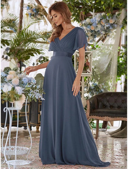 A-Line Evening Gown Party Dress Empire Dress Wedding Guest Formal Evening Floor Length Short Sleeve V Neck Bridesmaid Dress Chiffon V Back with Ruffles Pure Color
