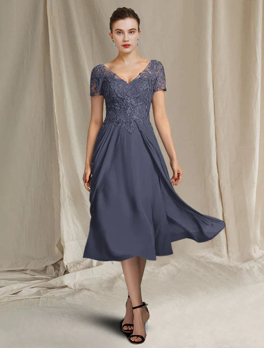 A-Line Mother of the Bride Dress Elegant Plus Size V Neck Tea Length Chiffon Lace Short Sleeve with Pleats Appliques