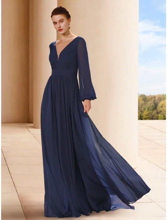 A-Line Mother of the Bride Dress Wedding Guest Elegant V Neck Floor Length Chiffon Long Sleeve with Ruching Solid Color