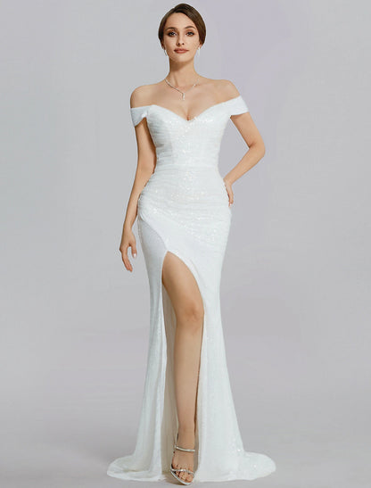 Mermaid / Trumpet Evening Gown Sparkle Dress Wedding Black Tie Floor Length Short Sleeve Off Shoulder Sequined with Slit