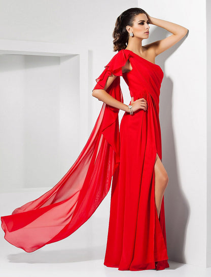 Sheath Red Green Dress Empire Wedding Guest Formal Evening Dress One Shoulder Sleeveless Floor Length Chiffon with Draping Slit