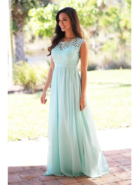 A-Line Bridesmaid Dress Jewel Neck Sleeveless Elegant Floor Length Chiffon / Lace with Sash / Ribbon / Pleats