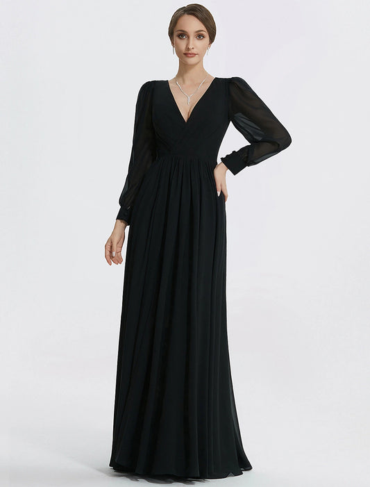 A-Line Evening Gown Elegant Dress Formal Floor Length Long Sleeve V Neck Chiffon with Slit