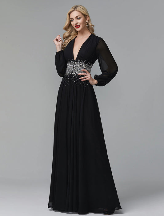 A-Line Evening Dress Celebrity Red Carpet Formal Gown Party Dress Black Tie Wedding Guest Floor Length Long Sleeve V Neck Chiffon with Sequin