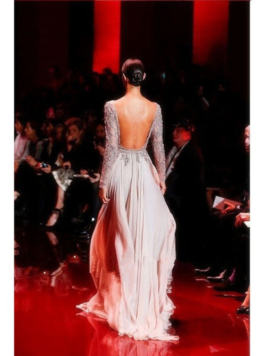 A-line/Princess High Neck Long Sleeves Applique Sweep/Brush Train 30D Chiffon Dresses