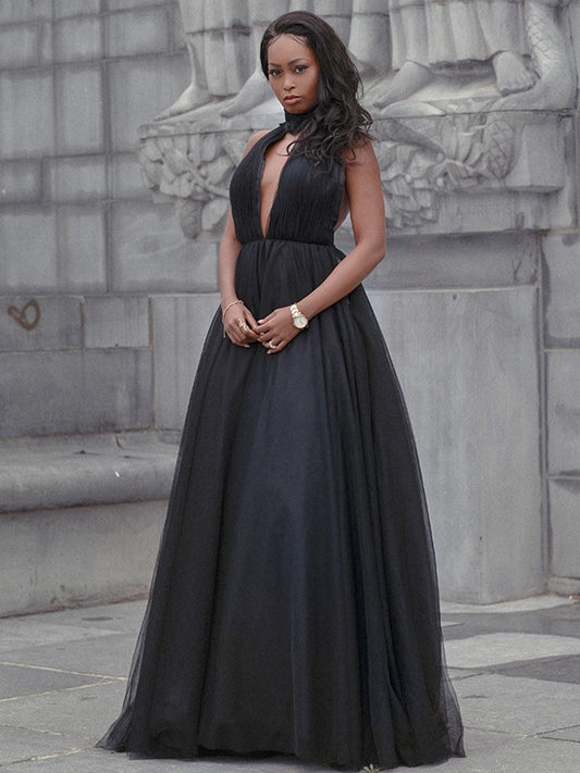 Ball Gown Tulle Ruffles V-neck Sleeveless Court Train Dresses