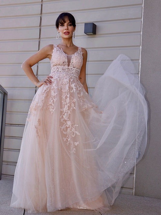 A-Line/Princess Tulle Applique Scoop Sleeveless Sweep/Brush Train Dresses