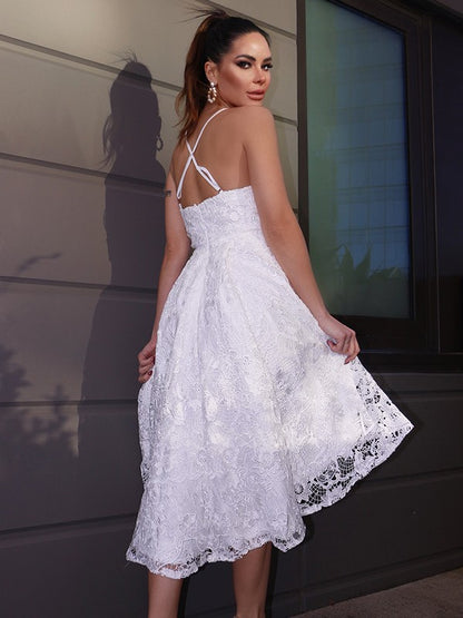 A-Line/Princess Sweetheart Lace Ruffles Sleeveless Asymmetrical Homecoming Dresses