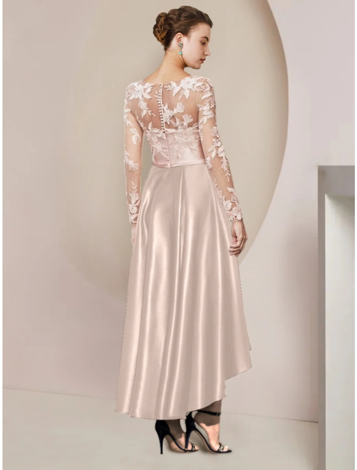 Sheath / Column Mother of the Bride Dress Wedding Guest Elegant Party V Neck Asymmetrical Ankle Length Satin Long Sleeve with Lace Pleats