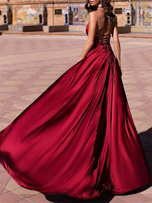 A-Line/Princess Elastic Woven Satin V-neck Sleeveless Sweep/Brush Train Dresses