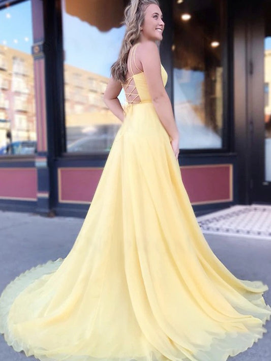 A-Line/Princess Chiffon Ruffles Spaghetti Straps Sleeveless Sweep/Brush Train Dresses