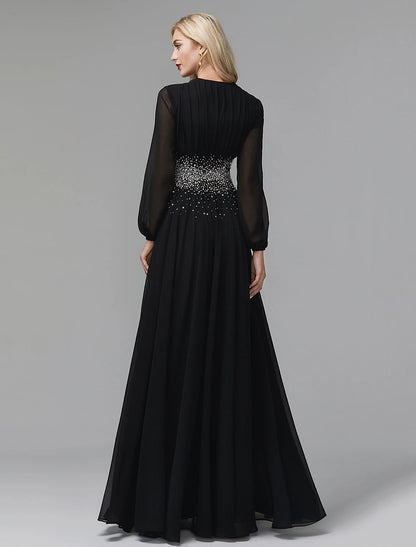 A-Line Evening Dress Celebrity Red Carpet Formal Gown Party Dress Black Tie Wedding Guest Floor Length Long Sleeve V Neck Chiffon with Sequin