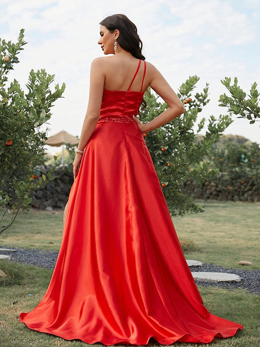 A-Line/Princess Elastic Woven Satin Ruffles One-Shoulder Sleeveless Sweep/Brush Train Dresses