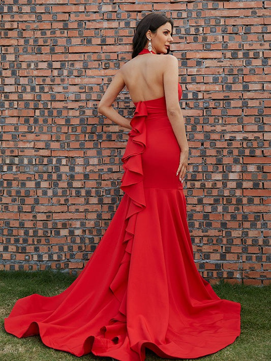 Trumpet/Mermaid Stretch Crepe Ruffles Halter Sleeveless Sweep/Brush Train Dresses