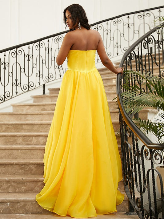 A-Line/Princess Satin Ruffles Strapless Sleeveless Sweep/Brush Train Dresses