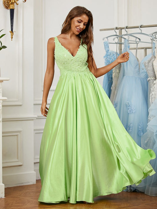 A-Line/Princess Elastic Woven Satin Lace V-neck Sleeveless Floor-Length Dresses