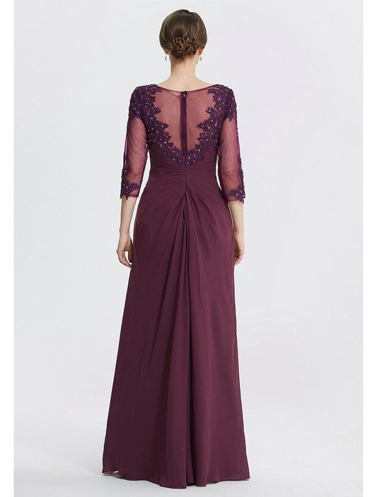 Sheath / Column Mother of the Bride Dress With Overskirts Formal Wedding Guest Elegant Sequin Scoop Neck Floor Length Chiffon Lace 3/4 Sleeve with Appliques Sparkle & Shine