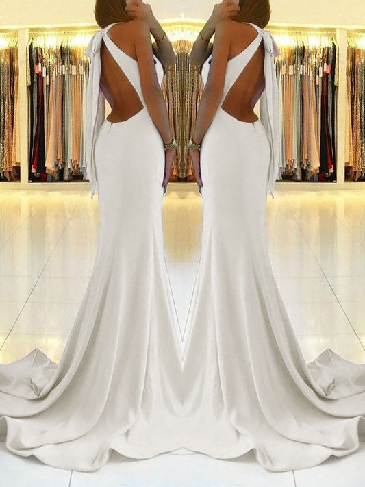 Sheath Halter Sleeveless Sweep/Brush Train With Ruffles Stretch Crepe Dresses