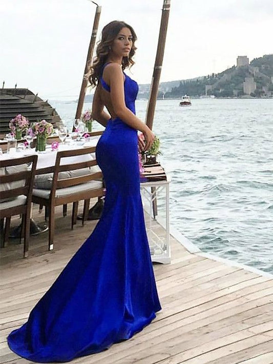Sheath Halter Sleeveless Sweep/Brush Train With Ruched Satin Dresses