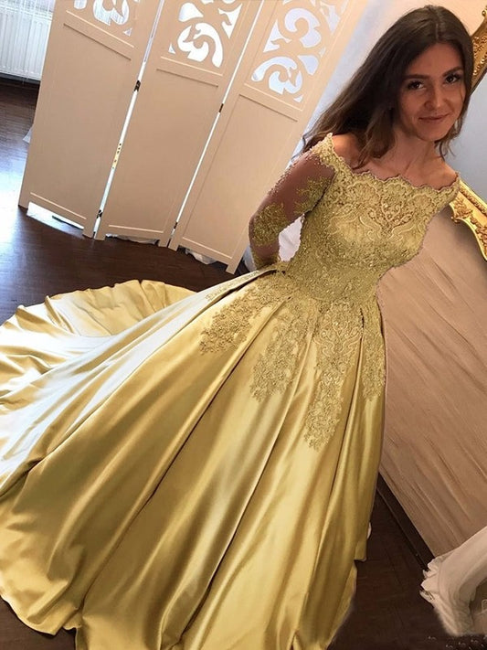 Ball Gown Long Sleeves Off-the-Shoulder Chapel Train Applique Satin Dresses