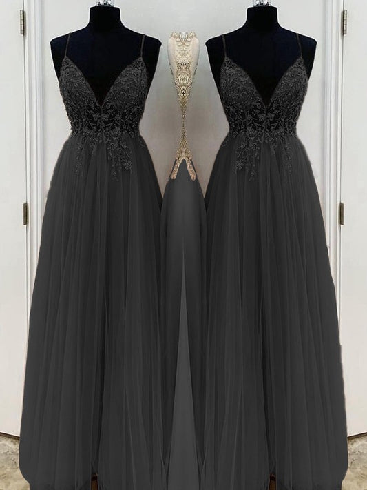 A-Line/Princess Beading Tulle Spaghetti Straps Sleeveless Floor-Length Dresses