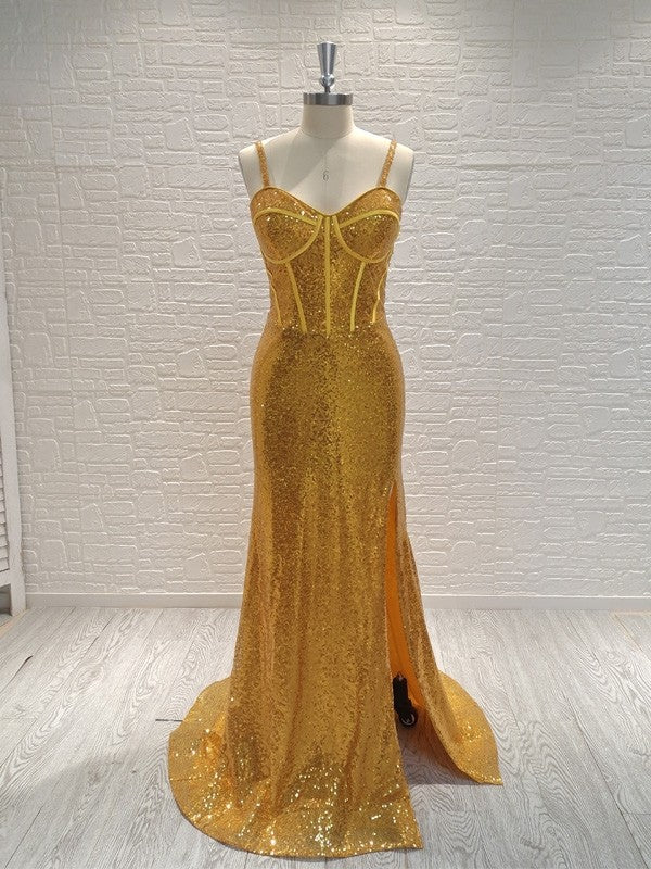 Sheath/Column Sequins Spaghetti Straps Sleeveless Sweep/Brush Train Dresses