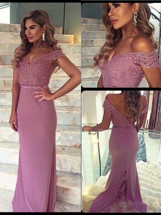 Sheath/Column Off-the-Shoulder Sleeveless Lace Floor-Length Elastic Woven Satin Dresses