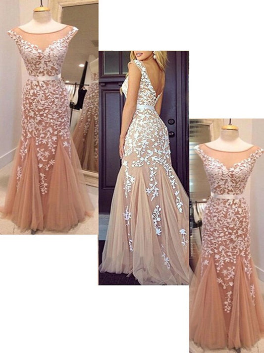 Sheath/Column Sleeveless Bateau Tulle Applique Floor-Length Dresses