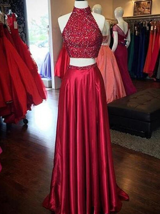 A-Line/Princess High Neck Sleeveless Silk like Satin Sweep/Brush Train Taffeta Dresses