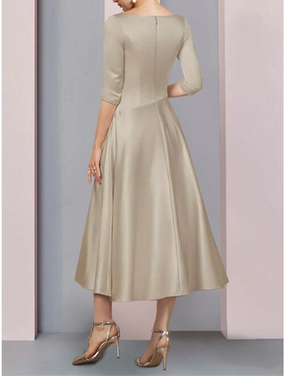 A-Line Mother of the Bride Dress Wedding Guest Elegant Vintage Plus Size V Neck Tea Length Satin 3/4 Length Sleeve with Pleats