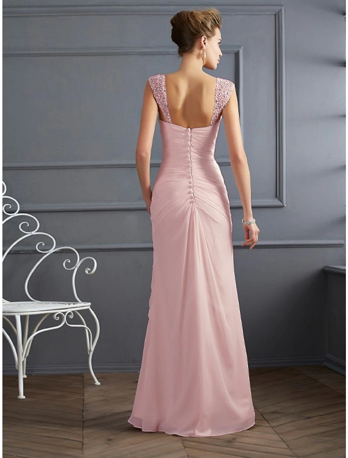Mermaid / Trumpet Evening Gown Elegant Dress Formal Wedding Guest Floor Length Sleeveless Spaghetti Strap Chiffon with Rhinestone Ruched