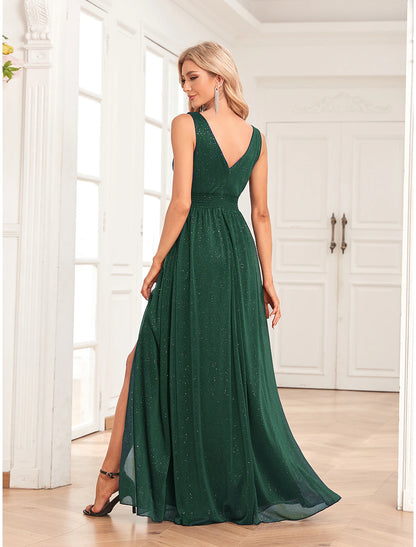 A-Line Evening Gown Elegant Dress Wedding Guest Party Wear Floor Length Sleeveless V Neck Spandex V Back with Glitter Slit