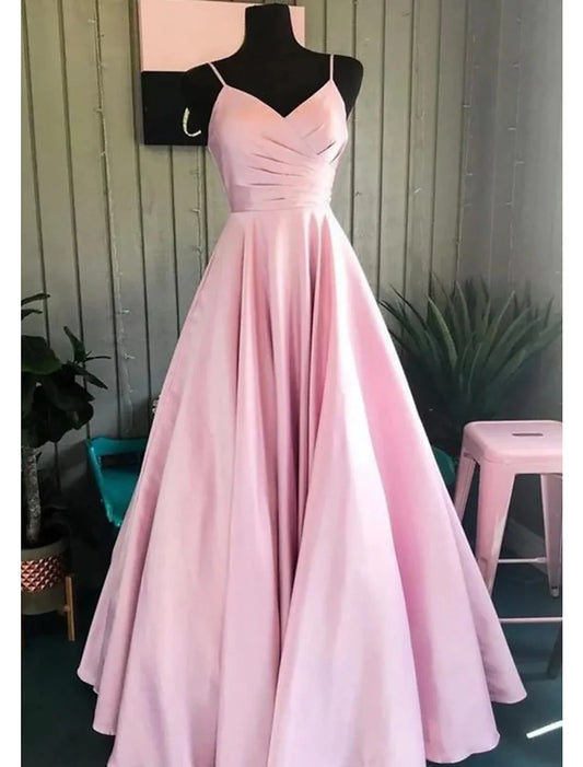 A-Line Prom Dresses Minimalist Dress Formal Wedding Guest Floor Length Sleeveless V Neck Bridesmaid Dress Stretch Satin Backless with Pleats Ruched