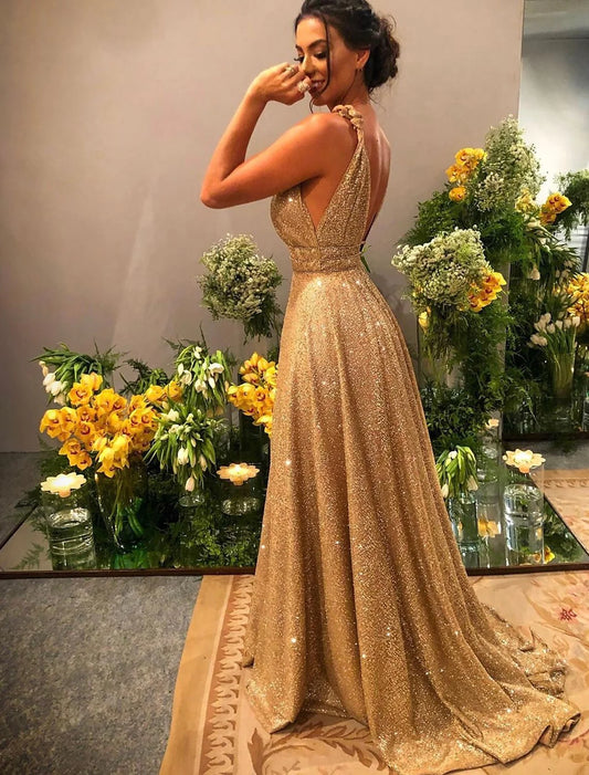 A-Line Prom Dresses Glittering Dress Evening Party Dress Formal Evening Sweep / Brush Train Sleeveless Spaghetti Strap Stretch Satin Backless with Rhinestone