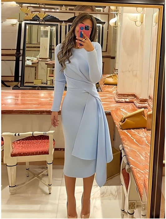 Beach Wedding Sheath Cocktail Dresses Elegant Dress Formal Fall Knee Length Long Sleeve Jewel Neck Stretch Fabric with Pleats Ruched