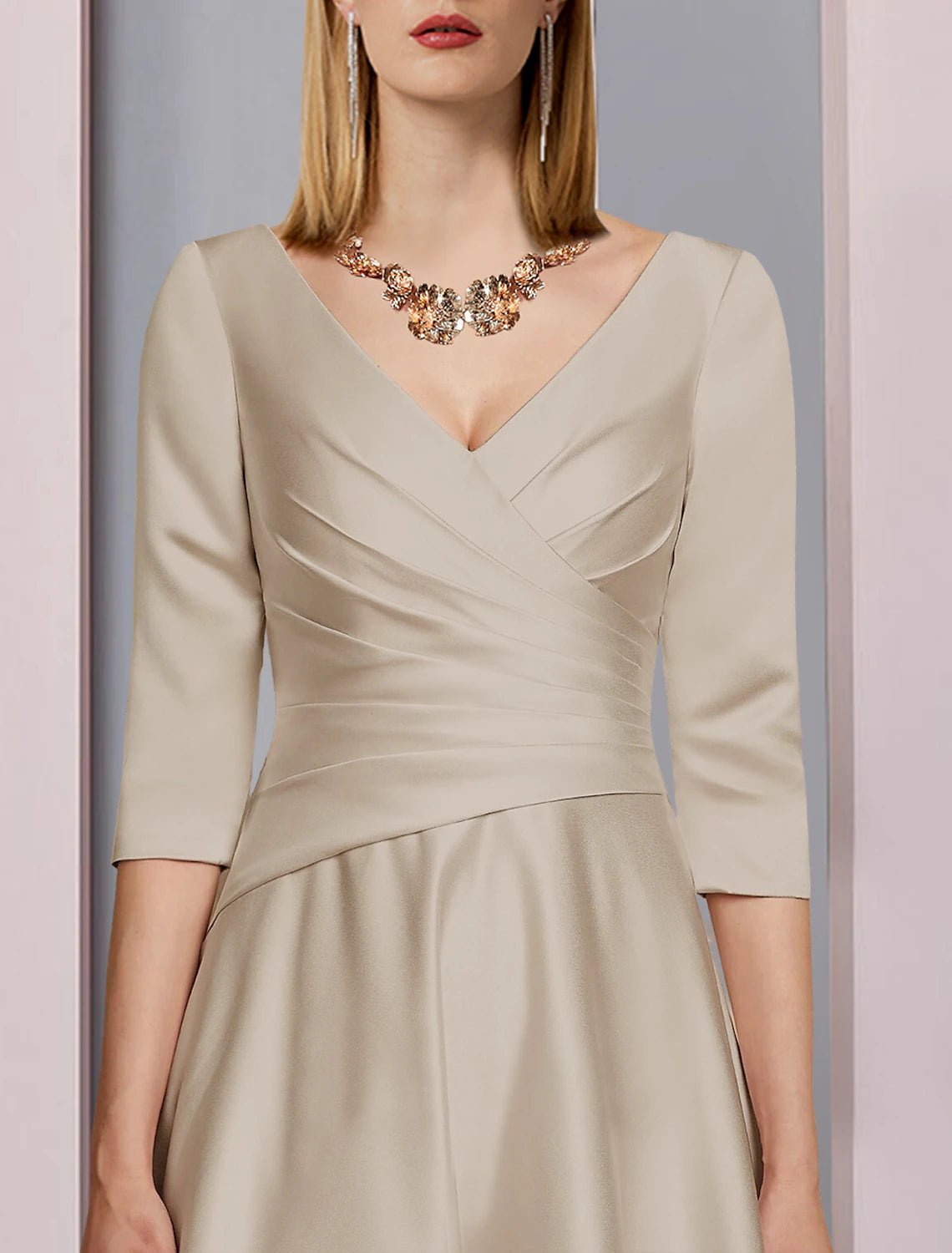 A-Line Mother of the Bride Dress Wedding Guest Elegant Vintage Plus Size V Neck Tea Length Satin 3/4 Length Sleeve with Pleats