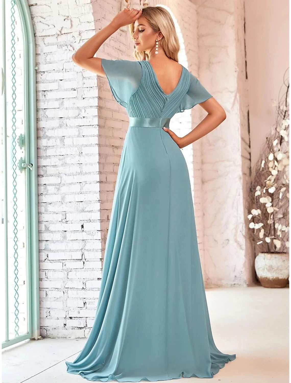 A-Line Evening Gown Party Dress Empire Dress Wedding Guest Formal Evening Floor Length Short Sleeve V Neck Bridesmaid Dress Chiffon V Back with Ruffles Pure Color