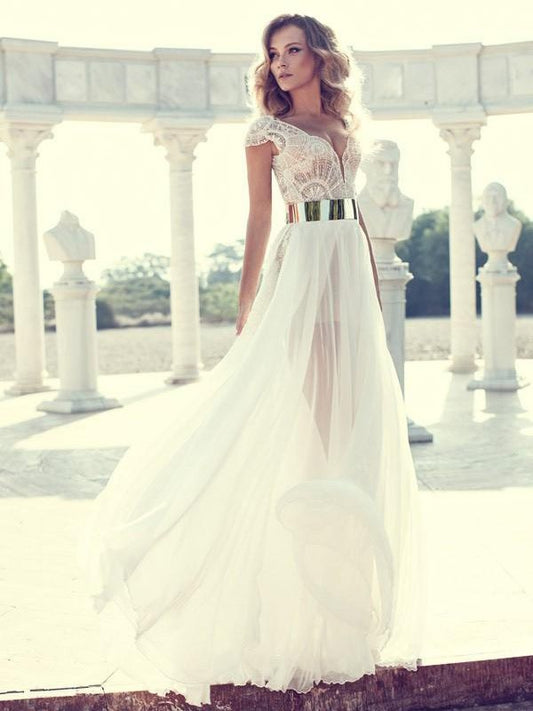 A-Line/Princess V-neck Short Sleeves Lace Floor-Length 30D Chiffon Dresses