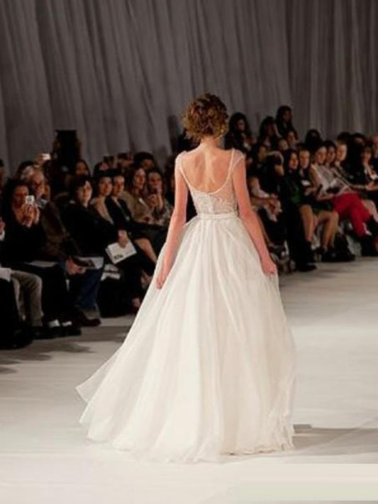 A-line/Princess Scoop Sleeveless Short Sleeves Floor-length Organza Prom Dresses