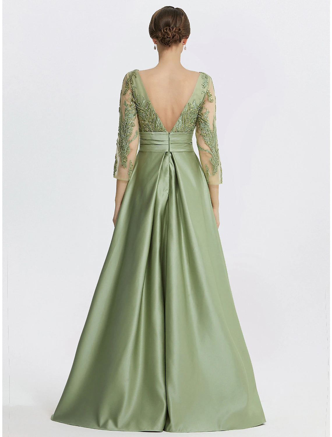 A-Line Evening Gown Elegant Dress Formal Floor Length 3/4 Length Sleeve Jewel Neck Satin with Slit Embroidery Appliques