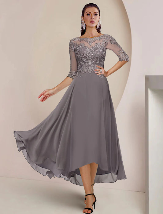 A-Line Mother of the Bride Dress Formal Wedding Guest Elegant High Low Scoop Neck Asymmetrical Tea Length Chiffon Lace Half Sleeve with Pleats Appliques