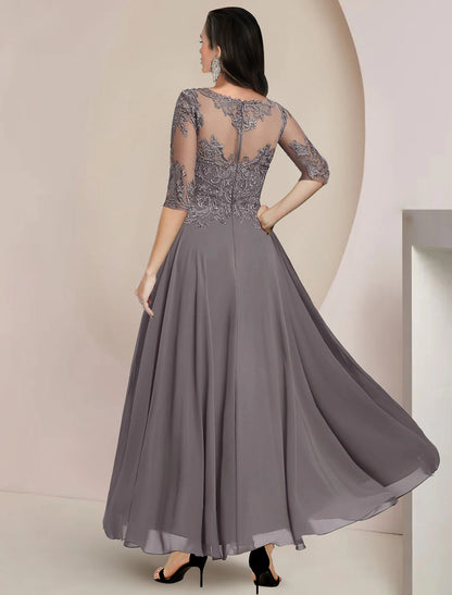 A-Line Mother of the Bride Dress Formal Wedding Guest Elegant High Low Scoop Neck Asymmetrical Tea Length Chiffon Lace Half Sleeve with Pleats Appliques